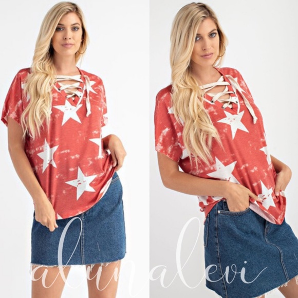 028 Boho Star Print Lace up top - Picture 2 of 2